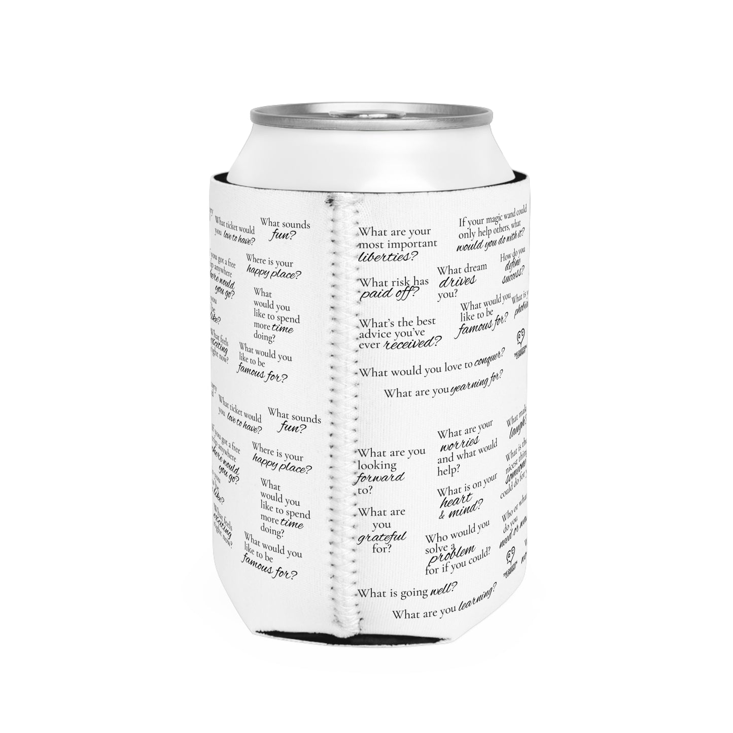 Conversation Starter Can Cooler Sleeve — Printed Questions Pattern