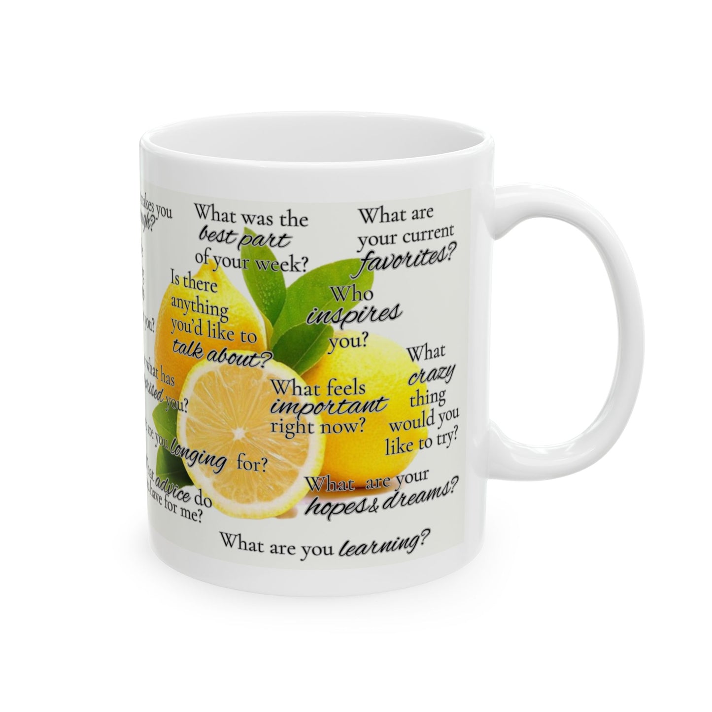 LEMME KNOW WHATS UP Starter Ceramic Mug (11oz & 15oz) — Thoughtful Question Prompts for Friends & Family