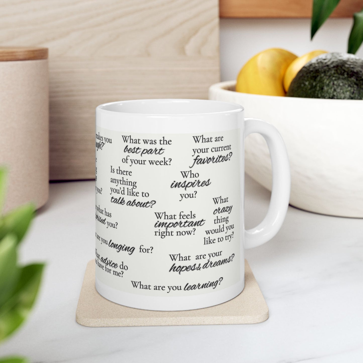 Conversation Starter Ceramic Mug — 11oz & 15oz Question Prompts for Coffee Table Chats