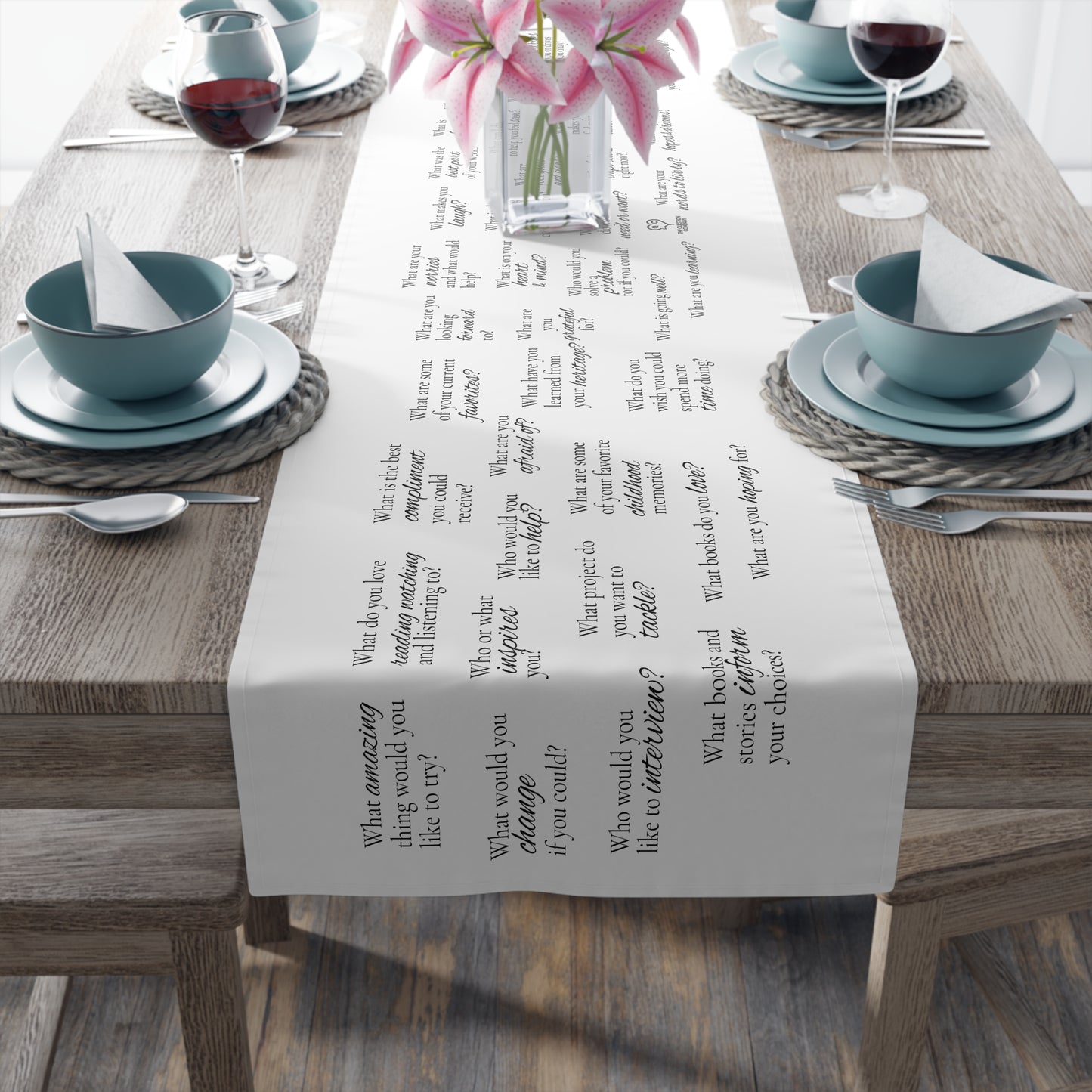 Printed Cotton Table Runner with Meaningful and Delightful Questions to liven up any meal!
