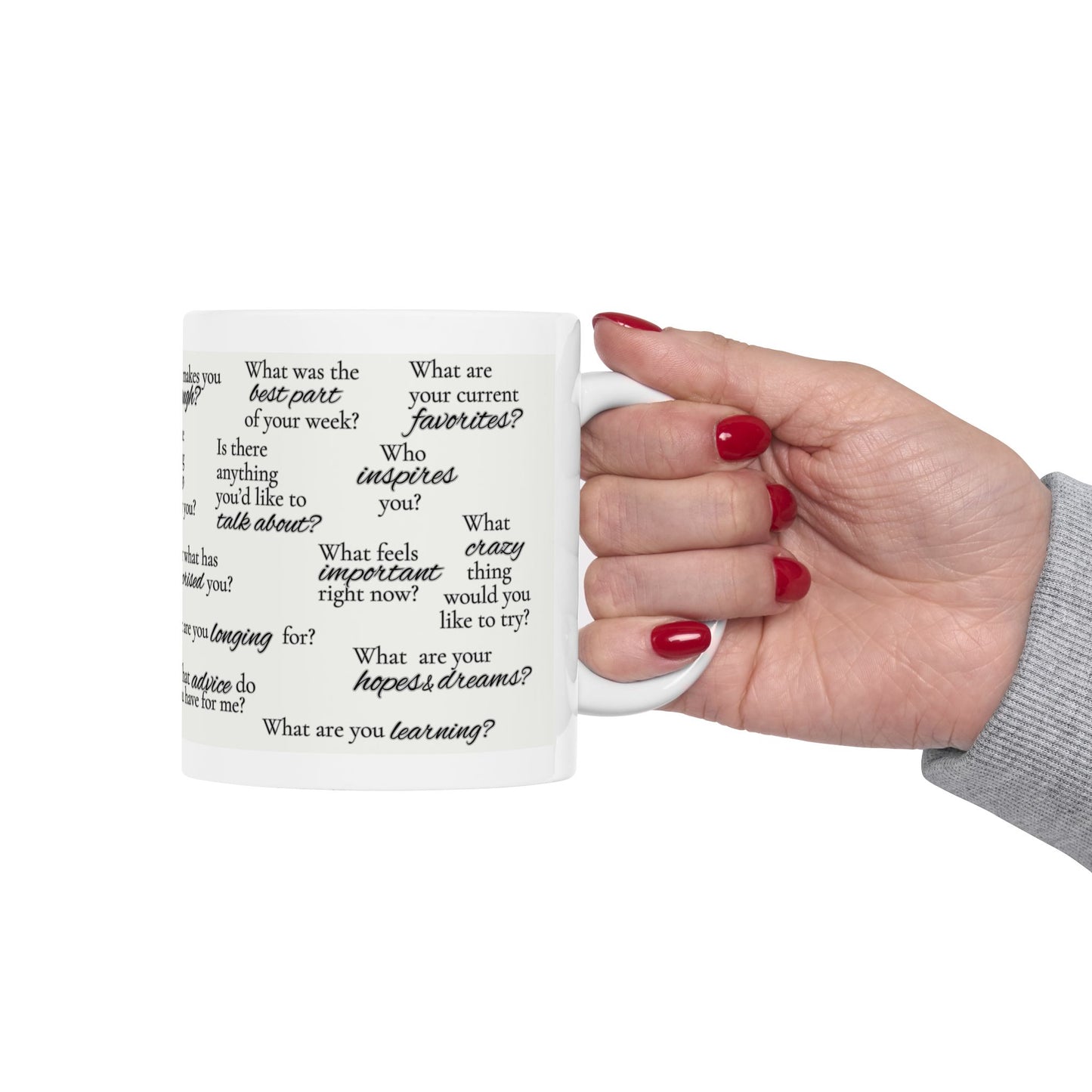 Conversation Starter Ceramic Mug — 11oz & 15oz Question Prompts for Coffee Table Chats