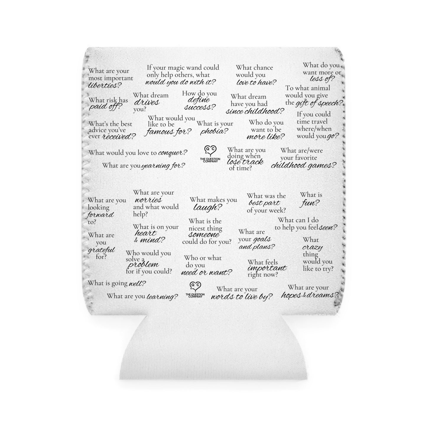 Conversation Starter Can Cooler Sleeve — Printed Questions Pattern