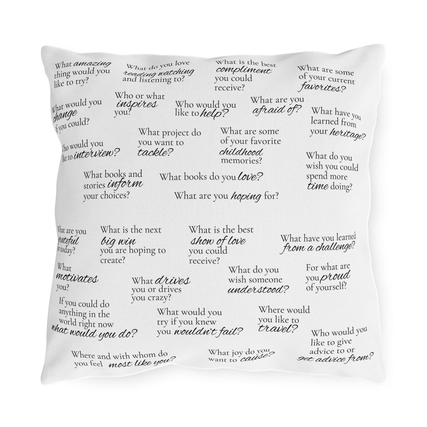 Conversation Starter Outdoor Pillow — White Question Prompt Pattern