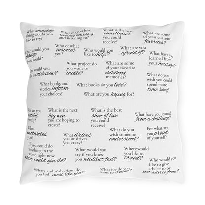 Conversation Starter Outdoor Pillow — White Question Prompt Pattern