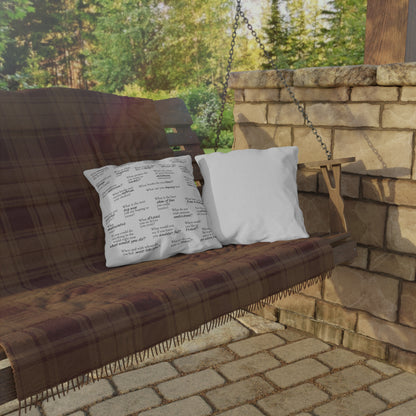 Conversation Starter Outdoor Pillow — White Question Prompt Pattern