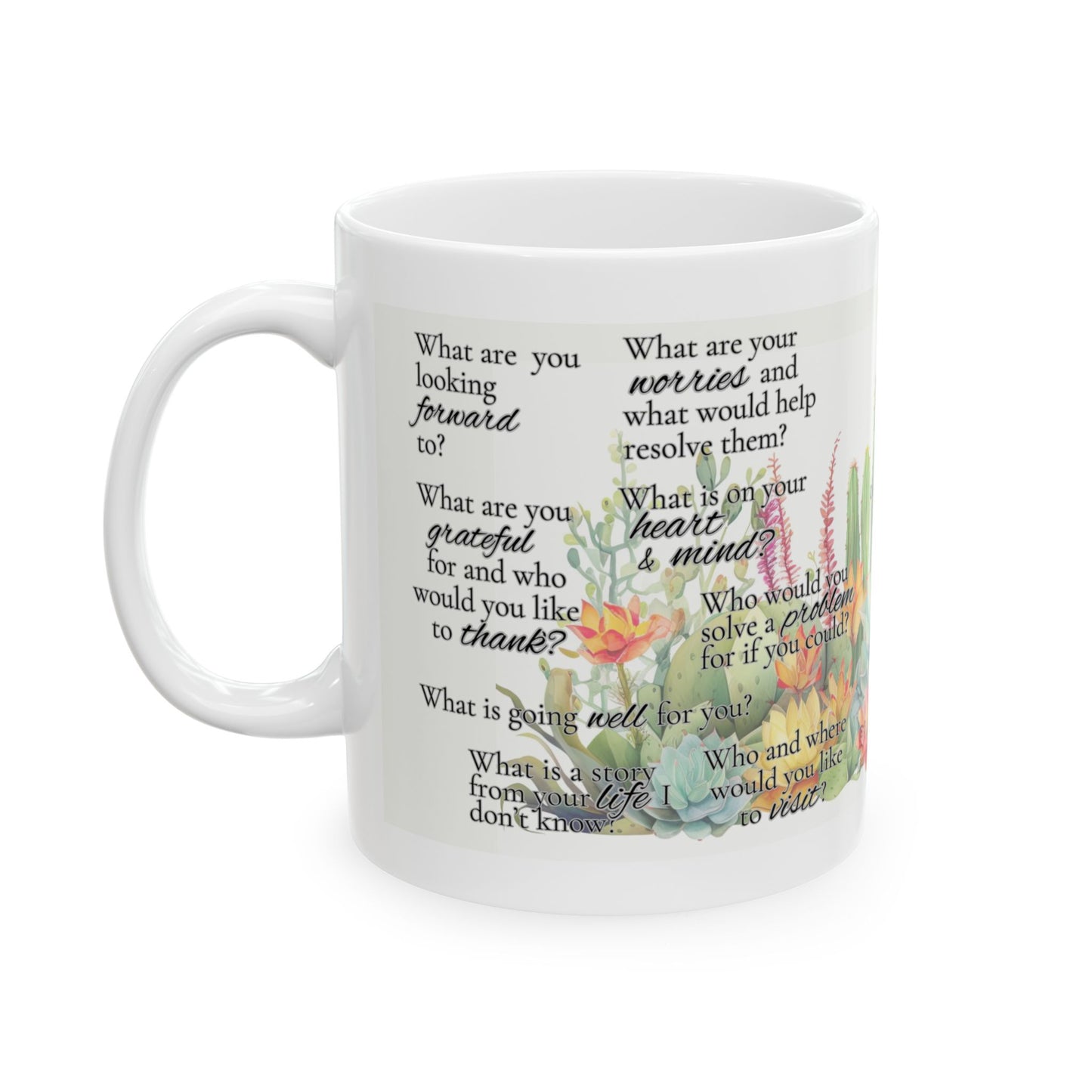 Succulent Reflection Ceramic Mug — Inspirational Questions Coffee Cup (11oz & 15oz)