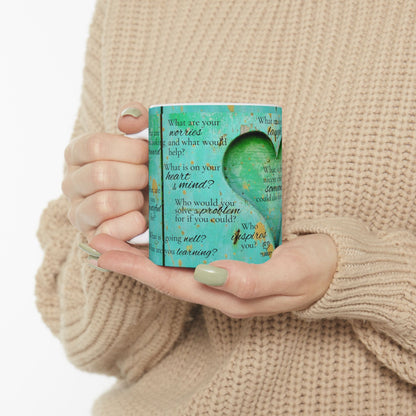 Get Close Stay Close Farmhouse Love Mug — Teal Reflection with Thoughtful Questions (11oz, 15oz)