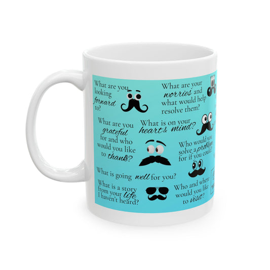 I "Moustache" you a Question Conversation Starter Mug — 11oz & 15oz Ceramic Cup with Fun Questions & Mustache Design