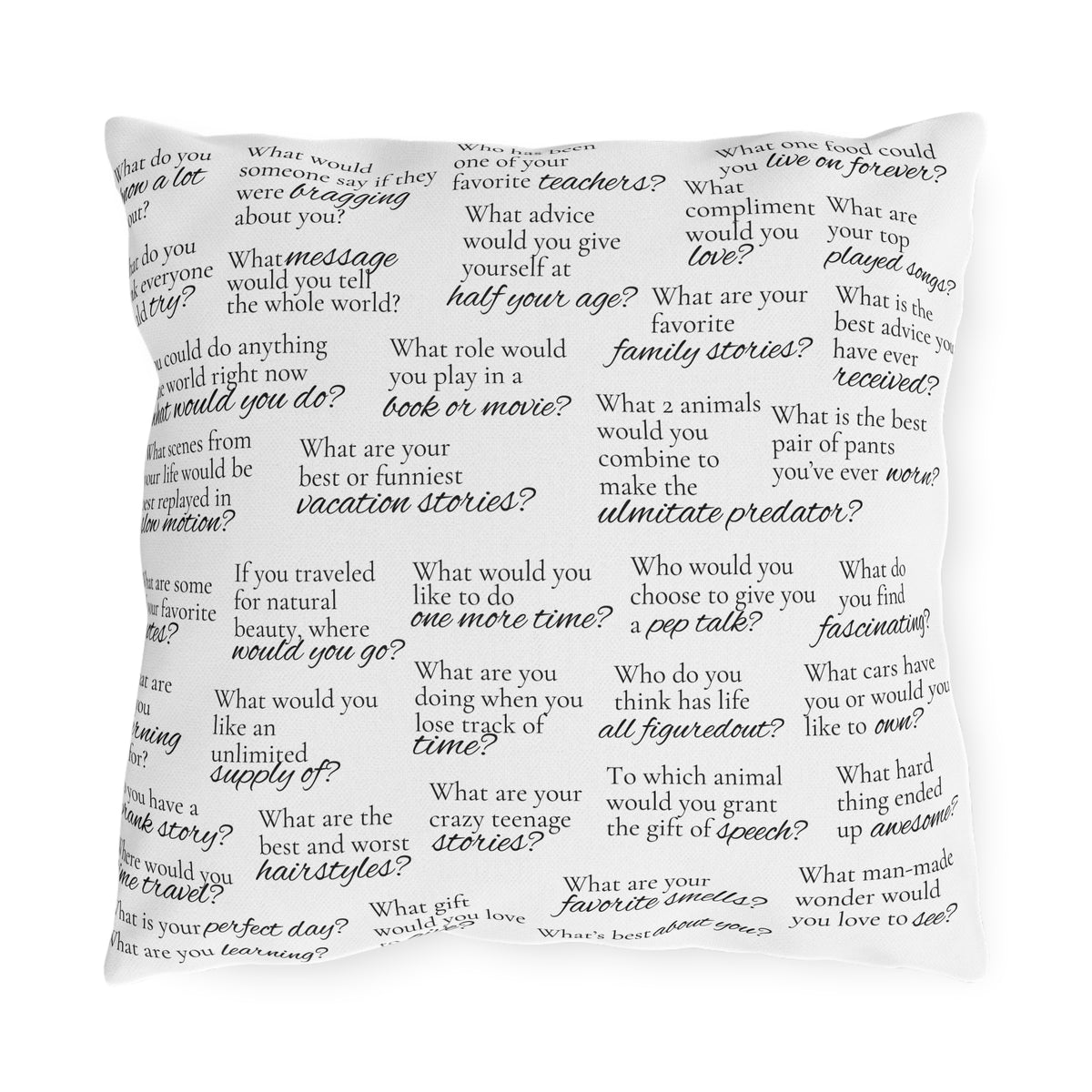 Conversation Starters Outdoor Pillow version 2 — Family Memory & Question Prompts Pattern