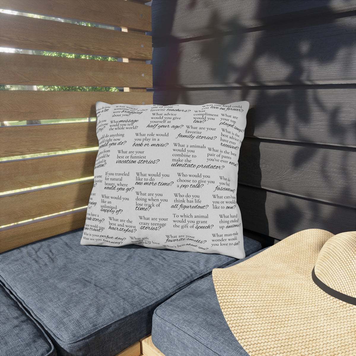 Conversation Starters Outdoor Pillow version 2 — Family Memory & Question Prompts Pattern