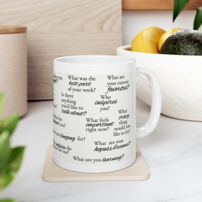 Conversation Starter Ceramic Mug — 11oz & 15oz Question Prompts for Coffee Table Chats