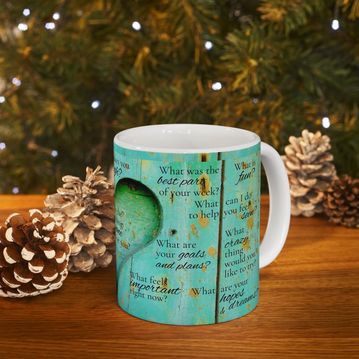 Get Close Stay Close Farmhouse Love Mug — Teal Reflection with Thoughtful Questions (11oz, 15oz)