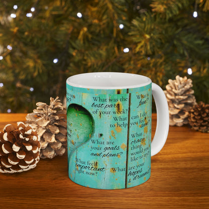 Get Close Stay Close Farmhouse Love Mug — Teal Reflection with Thoughtful Questions (11oz, 15oz)